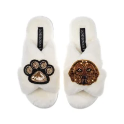 Classic Laines Slippers With Rocco The Chocolate Lab & Paw Brooches