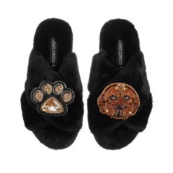 Classic Laines Slippers With Rocco The Chocolate Lab & Paw Brooches -Laines London file 1012