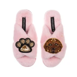 Classic Laines Slippers With Rocco The Chocolate Lab & Paw Brooches -Laines London file 1014