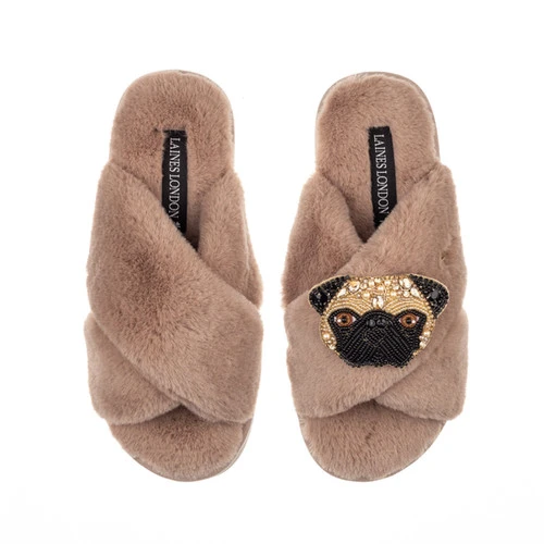 Classic Laines Slippers With Franki The Pug Brooch 1 Classic Laines Slippers With Franki The Pug Brooch