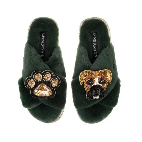 Classic Laines Slippers With Pip The Boxer & Paw Brooches 1 Classic Laines Slippers With Pip The Boxer & Paw Brooches