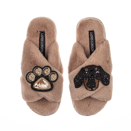 Classic Laines Slippers With Little Sausage & Paw Brooches 1 Classic Laines Slippers With Little Sausage & Paw Brooches