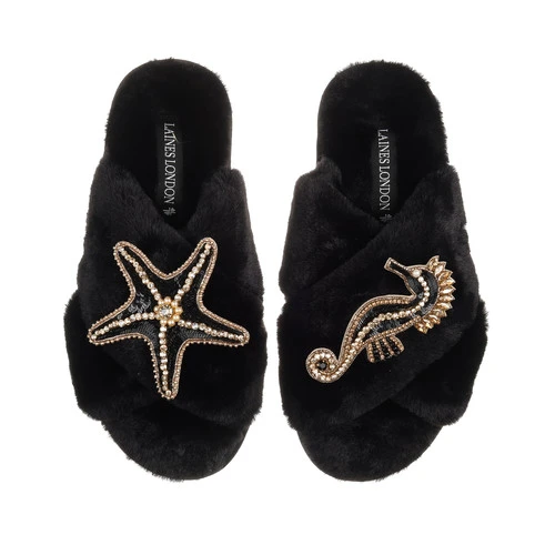 Classic Laines Slippers With Black & Gold Seahorse & Starfish Brooches 1 Classic Laines Slippers With Black & Gold Seahorse & Starfish Brooches