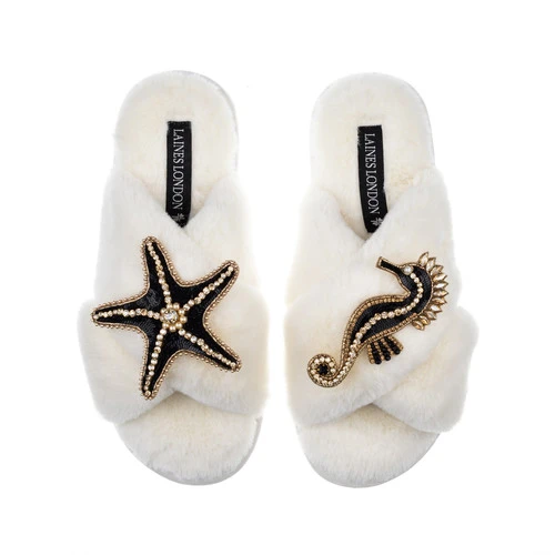 Classic Laines Slippers With Black & Gold Seahorse & Starfish Brooches 2 Classic Laines Slippers With Black & Gold Seahorse & Starfish Brooches - Image 2