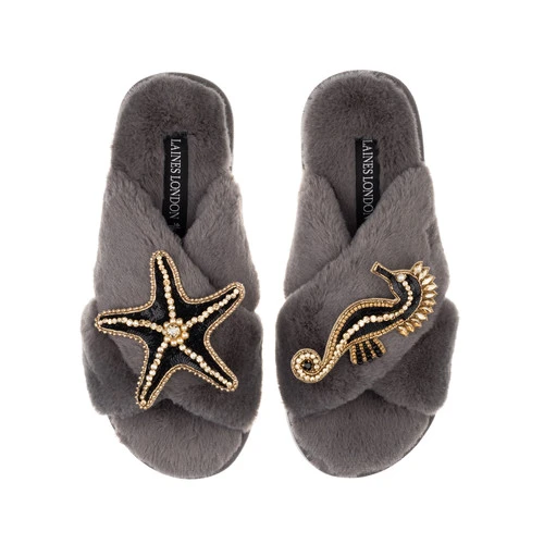 Classic Laines Slippers With Black & Gold Seahorse & Starfish Brooches 3 Classic Laines Slippers With Black & Gold Seahorse & Starfish Brooches - Image 3