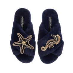 Classic Laines Slippers With Black & Gold Seahorse & Starfish Brooches 9 Classic Laines Slippers With Black & Gold Seahorse & Starfish Brooches -Laines London file 1063