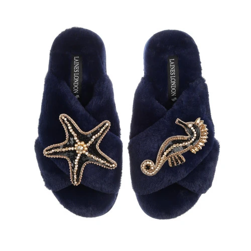 Classic Laines Slippers With Black & Gold Seahorse & Starfish Brooches 4 Classic Laines Slippers With Black & Gold Seahorse & Starfish Brooches - Image 4