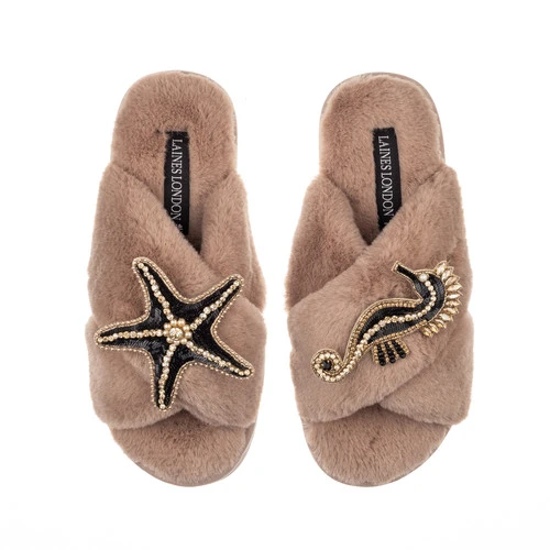 Classic Laines Slippers With Black & Gold Seahorse & Starfish Brooches 6 Classic Laines Slippers With Black & Gold Seahorse & Starfish Brooches - Image 6