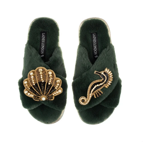 Classic Laines Slippers With Black & Gold Seahorse & Shell Brooches 1 Classic Laines Slippers With Black & Gold Seahorse & Shell Brooches
