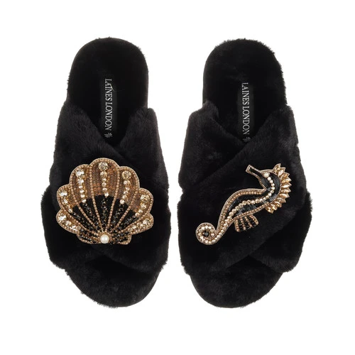 Classic Laines Slippers With Black & Gold Seahorse & Shell Brooches 2 Classic Laines Slippers With Black & Gold Seahorse & Shell Brooches - Image 2