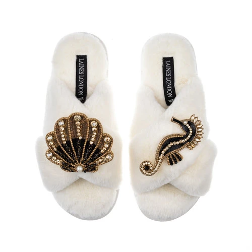 Classic Laines Slippers With Black & Gold Seahorse & Shell Brooches 3 Classic Laines Slippers With Black & Gold Seahorse & Shell Brooches - Image 3