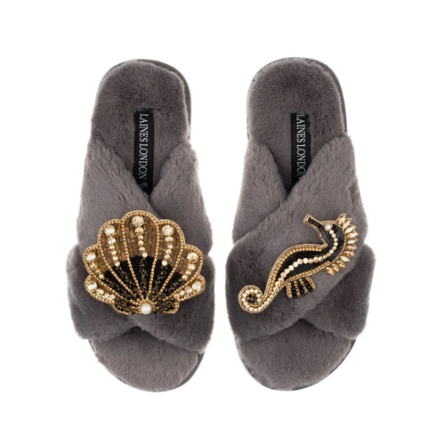 Classic Laines Slippers With Black & Gold Seahorse & Shell Brooches 4 Classic Laines Slippers With Black & Gold Seahorse & Shell Brooches - Image 4