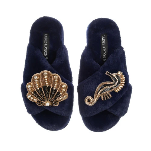 Classic Laines Slippers With Black & Gold Seahorse & Shell Brooches 5 Classic Laines Slippers With Black & Gold Seahorse & Shell Brooches - Image 5