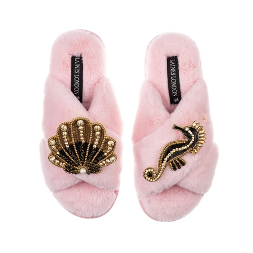 Classic Laines Slippers With Black & Gold Seahorse & Shell Brooches 6 Classic Laines Slippers With Black & Gold Seahorse & Shell Brooches - Image 6