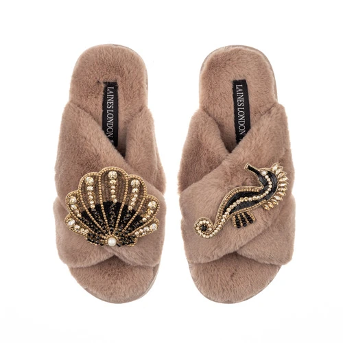 Classic Laines Slippers With Black & Gold Seahorse & Shell Brooches 7 Classic Laines Slippers With Black & Gold Seahorse & Shell Brooches - Image 7