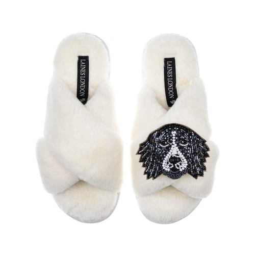 Classic Laines Slippers With Bentley The Black & White Spaniel Brooch 1 Classic Laines Slippers With Bentley The Black & White Spaniel Brooch