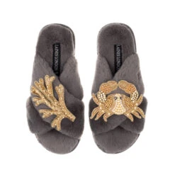 Classic Laines Slippers With Gold Crab & Coral Brooches