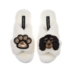 Classic Laines Slippers With Louie The King Charles & Paw Brooches -Laines London file 1155
