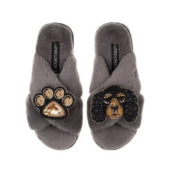 Classic Laines Slippers With Louie The King Charles & Paw Brooches -Laines London file 1158