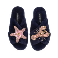 Classic Laines Slippers With Pink & Gold Lobster & Starfish Brooches