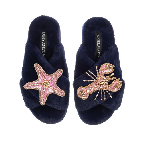 Classic Laines Slippers With Pink & Gold Lobster & Starfish Brooches 1 Classic Laines Slippers With Pink & Gold Lobster & Starfish Brooches