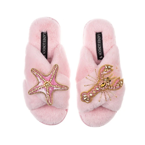 Classic Laines Slippers With Pink & Gold Lobster & Starfish Brooches 2 Classic Laines Slippers With Pink & Gold Lobster & Starfish Brooches - Image 2