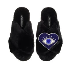 Classic Laines Slippers With Blue & Silver Heart Eye Brooch