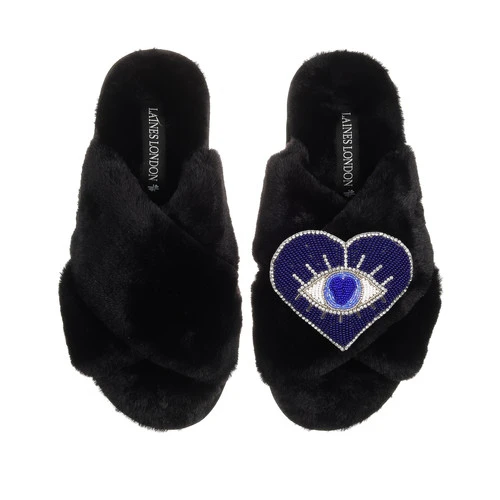 Classic Laines Slippers With Blue & Silver Heart Eye Brooch 1 Classic Laines Slippers With Blue & Silver Heart Eye Brooch