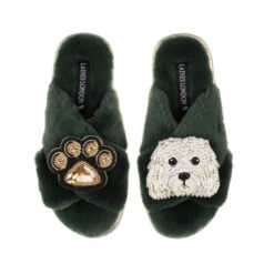 Classic Laines Slippers With Queenie The Bichon & Paw Brooches