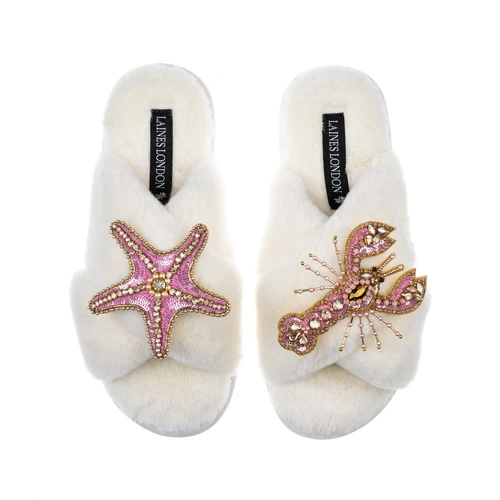 Classic Laines Slippers With Pink & Gold Lobster & Starfish Brooches 3 Classic Laines Slippers With Pink & Gold Lobster & Starfish Brooches - Image 3