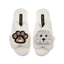 Classic Laines Slippers With Queenie The Bichon & Paw Brooches -Laines London file 1201