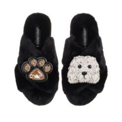 Classic Laines Slippers With Queenie The Bichon & Paw Brooches -Laines London file 1202