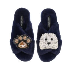 Classic Laines Slippers With Queenie The Bichon & Paw Brooches -Laines London file 1205