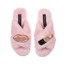 Laines London 5 Classic Laines Slippers With Pink & Gold Pucker Up Brooches
