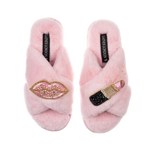 Classic Laines Slippers With Pink & Gold Pucker Up Brooches 1 Classic Laines Slippers With Pink & Gold Pucker Up Brooches