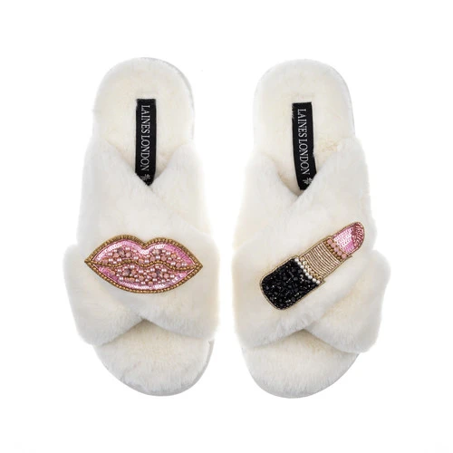 Classic Laines Slippers With Pink & Gold Pucker Up Brooches 3 Classic Laines Slippers With Pink & Gold Pucker Up Brooches - Image 3