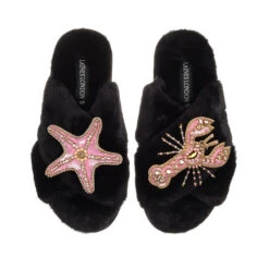 Classic Laines Slippers With Pink & Gold Lobster & Starfish Brooches 9 Classic Laines Slippers With Pink & Gold Lobster & Starfish Brooches -Laines London file 121