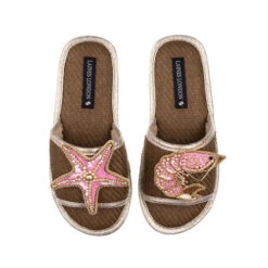 Straw Braided Sandals With Pink & Gold Starfish & Prawn Brooches
