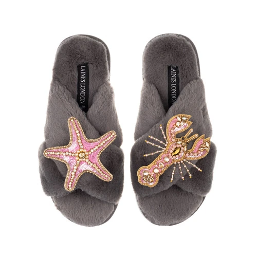 Classic Laines Slippers With Pink & Gold Lobster & Starfish Brooches 6 Classic Laines Slippers With Pink & Gold Lobster & Starfish Brooches - Image 6