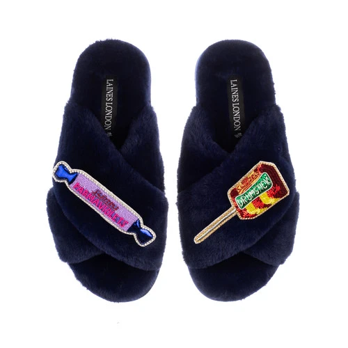 Classic Laines Slippers With Parma Violet & Drumstick Brooches 1 Classic Laines Slippers With Parma Violet & Drumstick Brooches