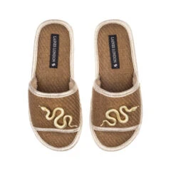 Straw Braided Sandals With Double Gold Metal Snake Brooches