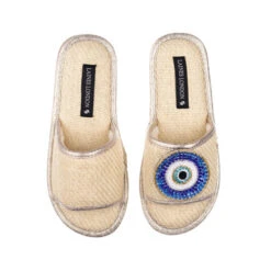 Straw Braided Sandals With Couture Evil Eye Brooch