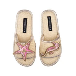 Straw Braided Sandals With Pink & Gold Starfish & Seahorse Brooches