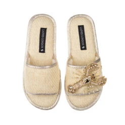 Straw Braided Sandals With Gold Lobster Brooch