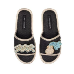 Straw Braided Sandals With Aquarius Star Sign Brooches