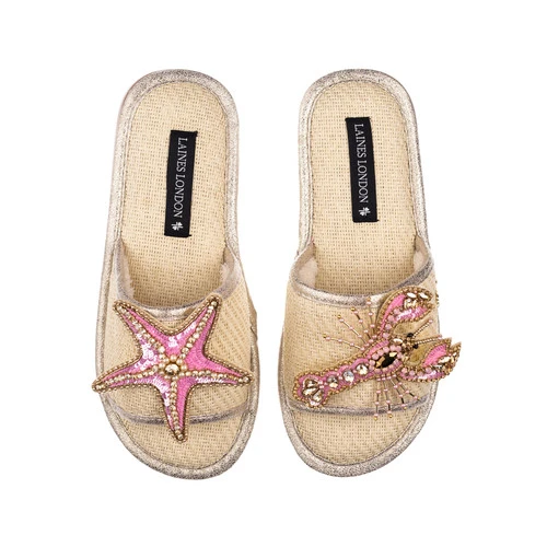 Straw Braided Sandals With Pink & Gold Starfish & Lobster Brooches 1 Straw Braided Sandals With Pink & Gold Starfish & Lobster Brooches