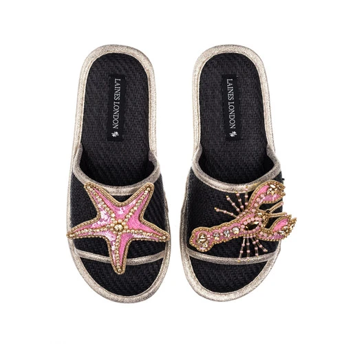 Straw Braided Sandals With Pink & Gold Starfish & Lobster Brooches 3 Straw Braided Sandals With Pink & Gold Starfish & Lobster Brooches - Image 3