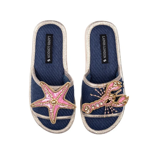 Straw Braided Sandals With Pink & Gold Starfish & Lobster Brooches 4 Straw Braided Sandals With Pink & Gold Starfish & Lobster Brooches - Image 4