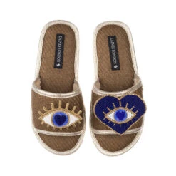 Straw Braided Sandals With Double Blue Eye Brooches
