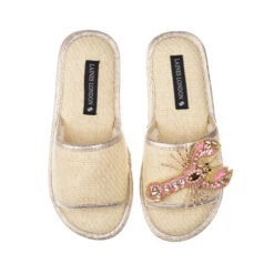 Straw Braided Sandals With Pink & Gold Lobster Brooch